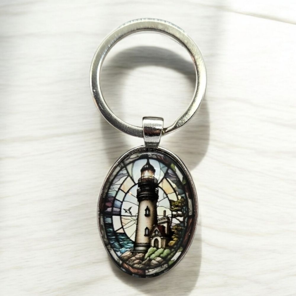 Lighthouse Cabochon Keyring Stained Glass Keychain Key Ring Bag Accessory Chain